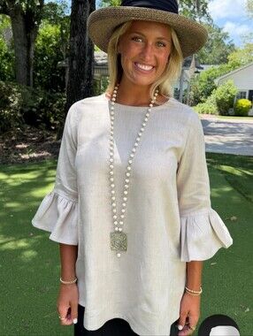 Crown Linen Designs Bella Bell Sleeve linen Tunic top Flax color Sz XS